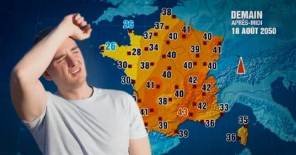 Carte fictive des températures en France en 2050 illustrant de fortes chaleurs liées au réchauffement climatique